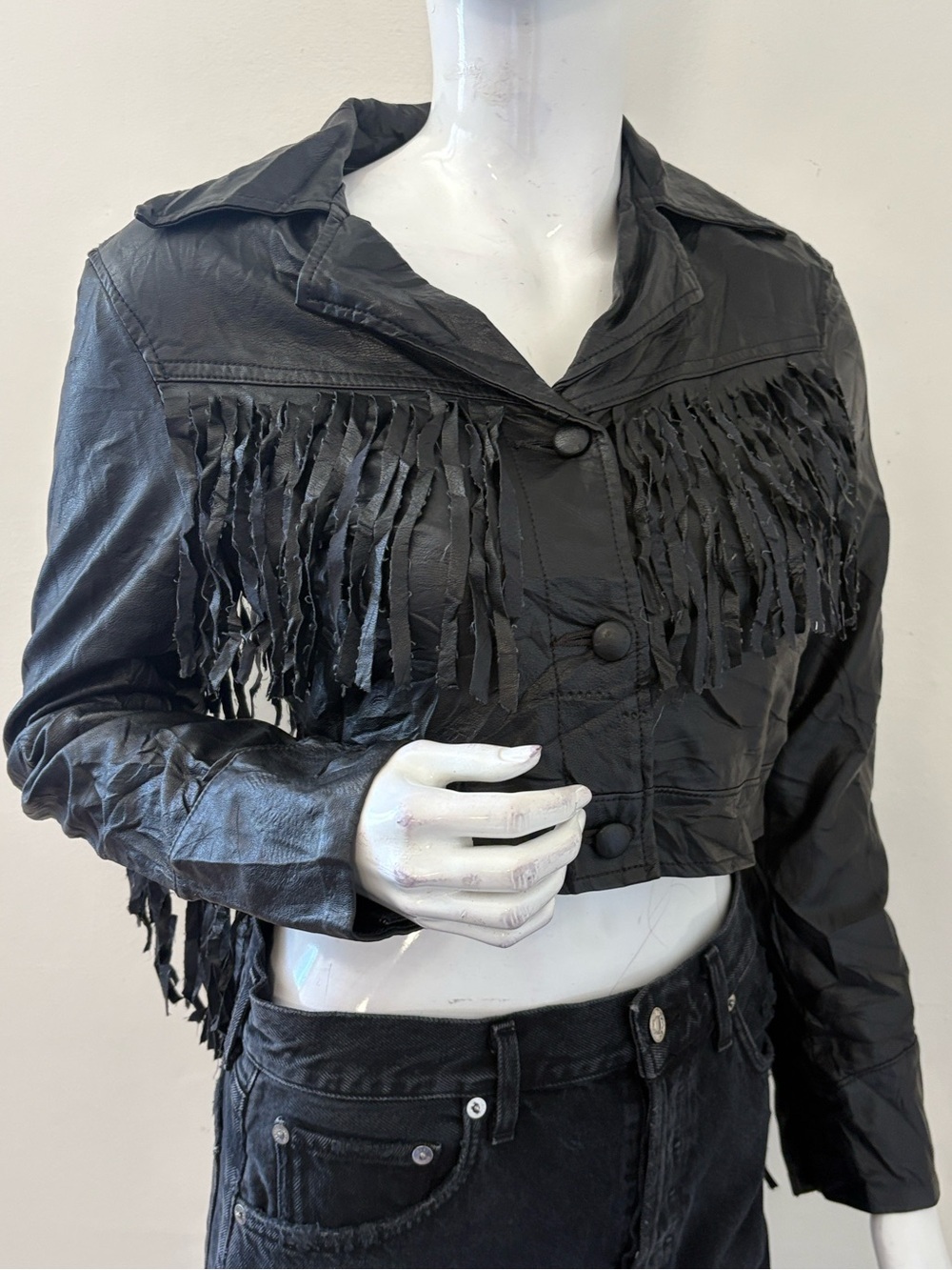 Urban Outfitters Black Cropped Fringe Faux Leather Biker Western Jacket
